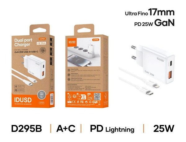 Idusd D295B Cargador Gan Pd25W A+C Pd Lightning