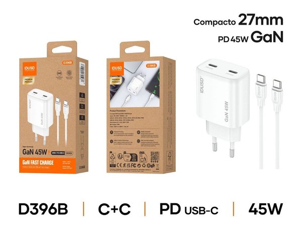 Idusd D396B Cargador Gan Pd45W C+C+Cable Pd USB-C