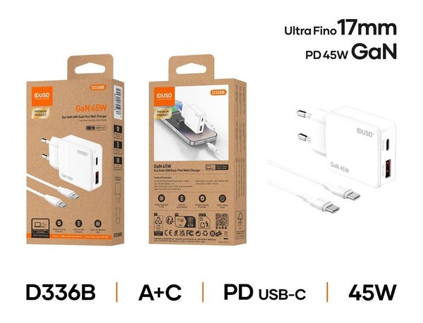 Idusd D336B Cargador Gan Pd45W A+C+Cable Pd USB-C
