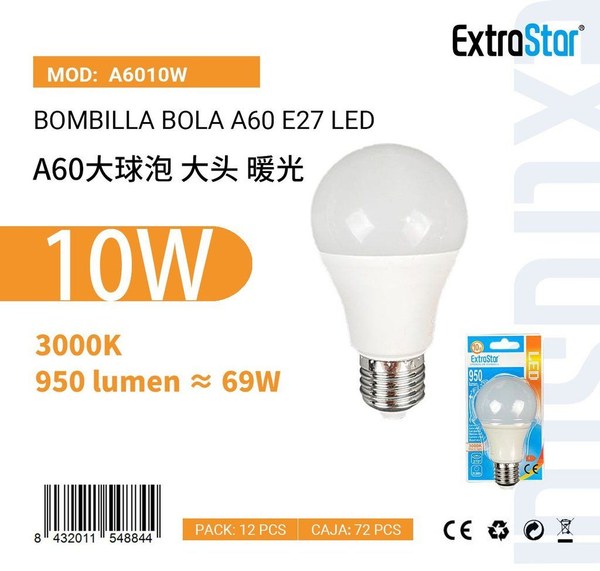 Extrastar A6010W Bombilla Bola LED 10W/E27 3000K Luz Calidad