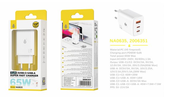 One Plus 2006351 Na0635 Cargador Pared Gan Dual USB-C+USB-A