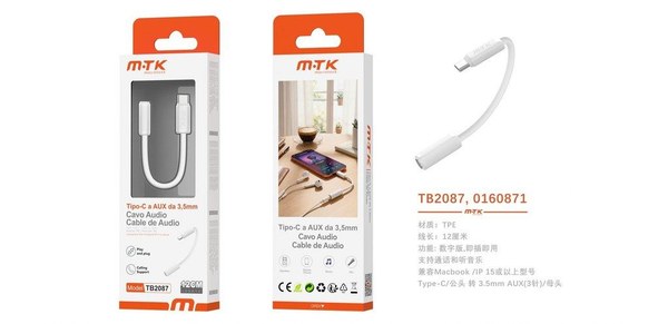 Mtk 0160871 Tb2087 Cable Adaptador De Audio 12Cm Type-C M
