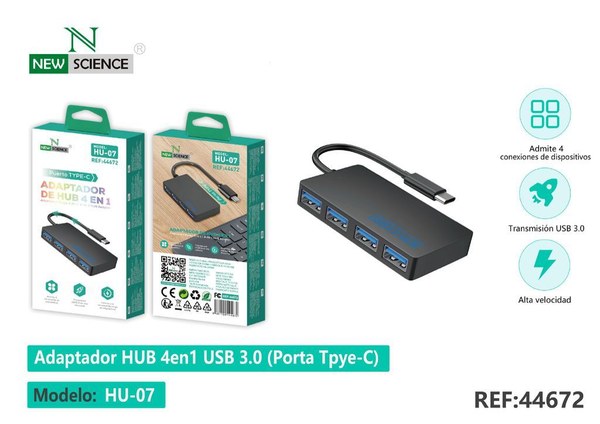 New Science 44672 Hu-07 Apaptador De Hub 4En1 Puerto Type-C