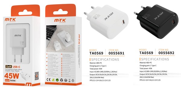 Mtk 0055692 Ta0569 45W Cargador De Red 1 Type-C Pd Sin Cable