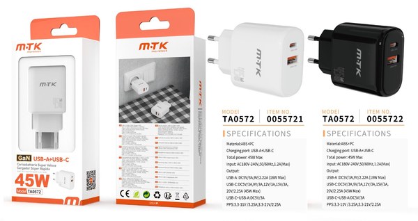 Mtk 0055722 Ta0572 45W Cargador De Red 1Type-C+1Usb-A