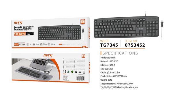 Mtk 0753452 Tg7345 Teclado Espanol 105 Keys Con Cable 1.5M