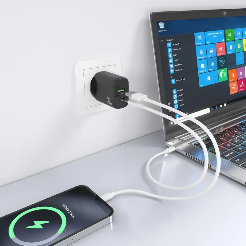 Cargador corriente Aisens 1xUSBC/1xUSB QC 30W GaN