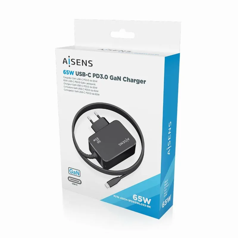 Cargador corriente Aisens 1xUSBC 1,8mts QC 65W GaN