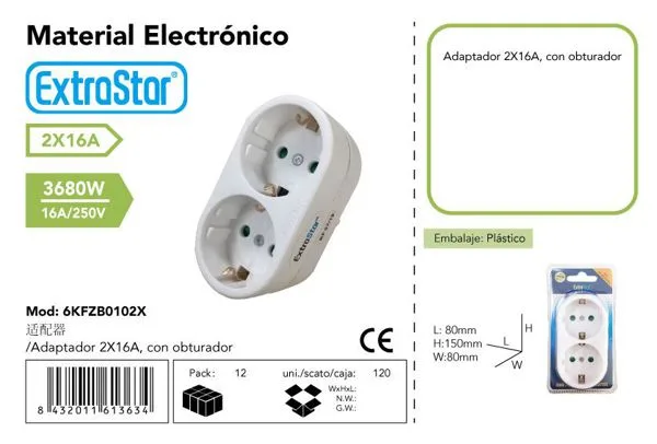 Adaptador,2X16A,Con Obturador,Max 3680W
