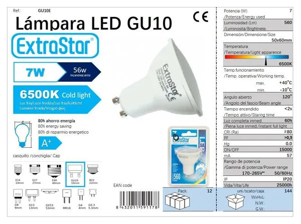 BOMBILLA LED GU10 7w LISO 6400K LUZ DIA